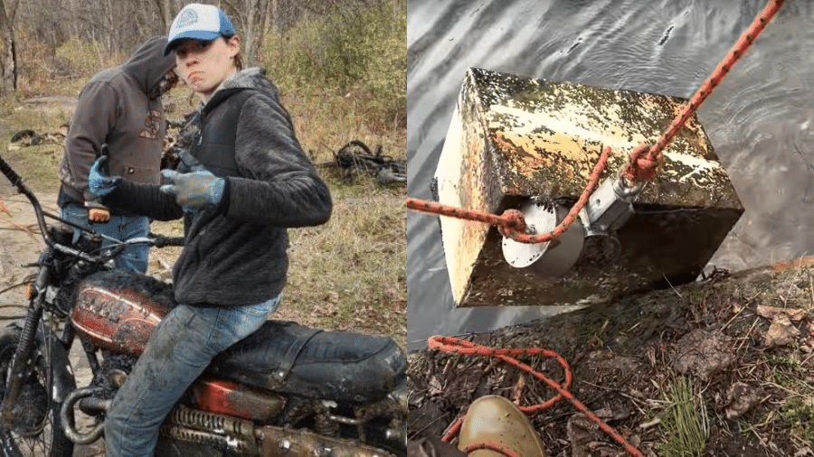 Motocicleta e cofre foram encontrados por pescadores magnéticos nos EUA - Reprodução/Fox 17 e Reprodução/Youtube