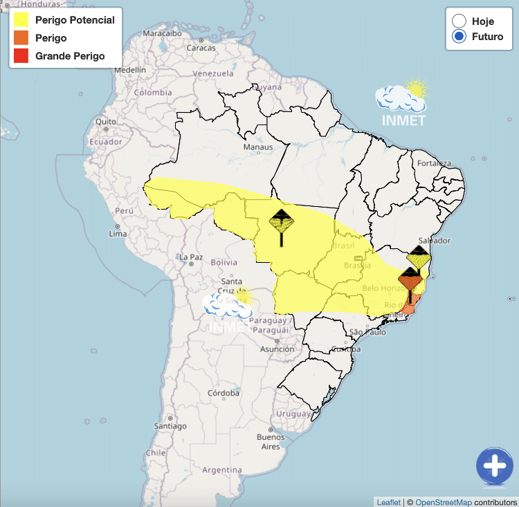 Inmet (Instituto Nacional de Meteorologia) emitiu alerta de perigo potencial devido às chuvas em toda a área amarela