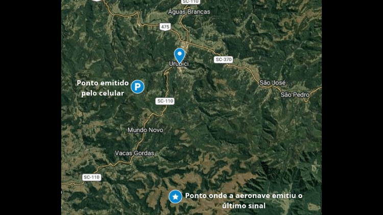 Mapa de buscas do Corpo de Bombeiros de Santa Catarina mostrando pontos de sinal e localização do helicóptero desaparecido