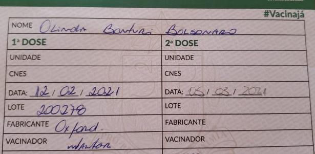 Primeiro cartão de vacinação de mãe de Bolsonaro indica lote da CoronaVac