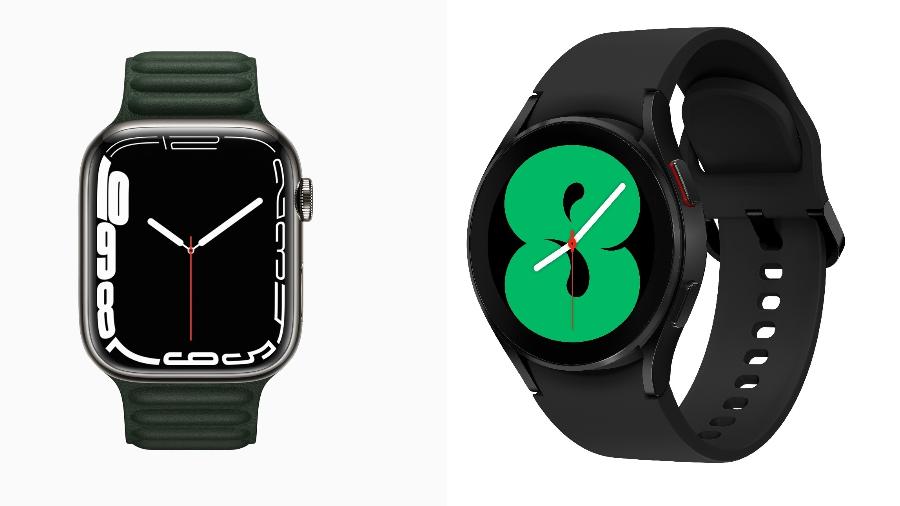 Apple Watch Series 7 (esq.) e Samsung Galaxy Watch 4: relógios inteligentes vendidos no Brasil - Divulgação/ Apple e Divulgação/ Samsung