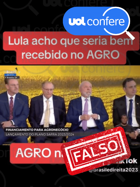 03.jul.2023 - Lula não foi xingado durante anúncios do Plano Safra; ofensas são de vídeo antigo, de 2018 - Arte/UOL sobre Reprodução/TikTok