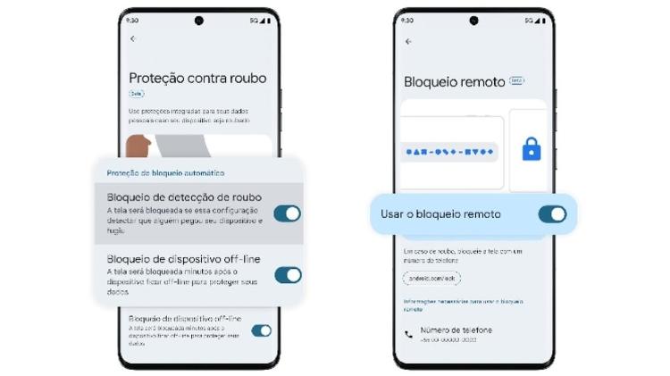 Telas com as opções de proteção contra rouba do sistemas operacional Android