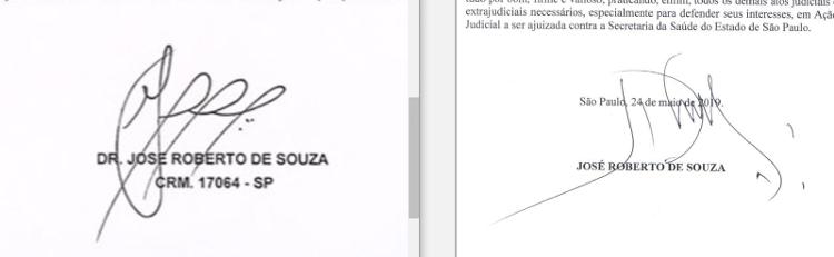 Assinatura usada no laudo (à esquerda) e a assinatura verdadeira (à direita).