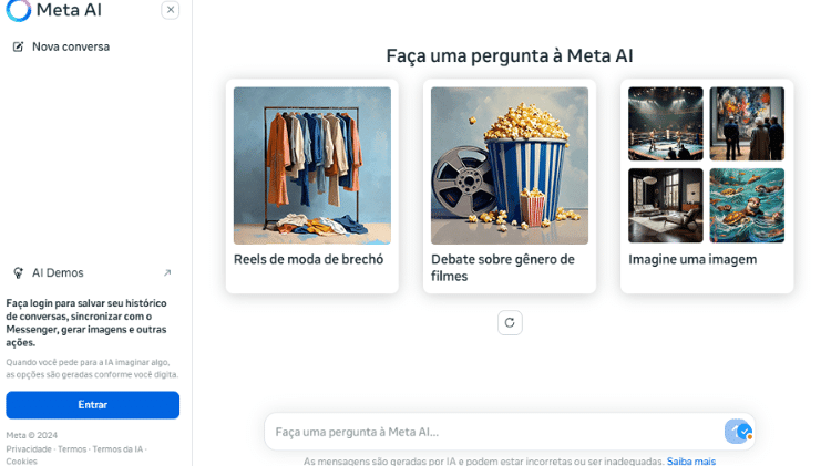 Layout da ferramenta Meta AI na versão web