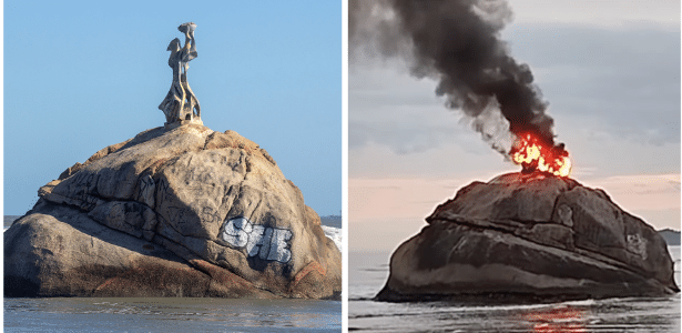 Estátua da Pedra da Feiticeira destruída por incêndio em SP