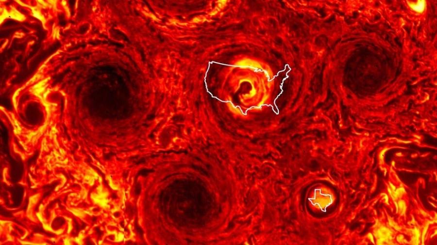 Novo ciclone, no polo sul de Júpiter, foi "contornado" pelo mapa do estado do Texas (abaixo); ao centro, é possível ver outro ciclone inserido na silhueta do mapa dos EUA - NASA / JPL-Caltech / SwRI / ASI / INAF / JIRAM