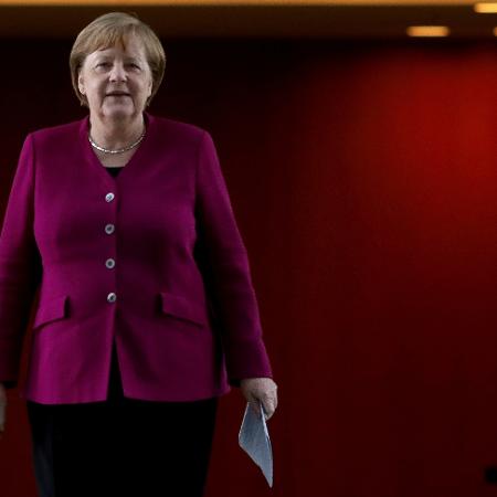 A chanceler alemã, Angela Merkel, em coletiva de imprensa - POOL