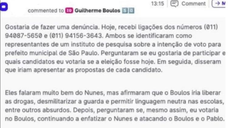 Eleitor comenta em rede social de Guilherme Boulos que recebeu telefonema com pesquisa falsa