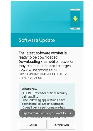 Aviso em celular J3 da Samsung sobre vulnerabilidade grave de segurança - Reprodução