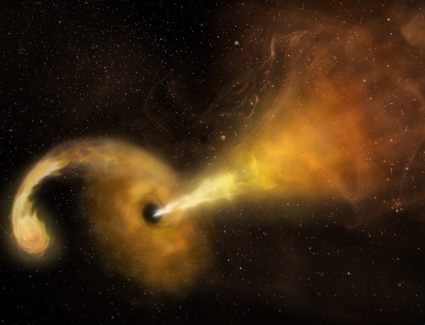 Concepção artística de um evento de ruptura das marés, que acontece quando uma estrela passa fatalmente perto para um buraco negro supermassivo, que reage com o lançamento de um jato de radiação - Sophia Dagnello, NRAO/AUI/NSF