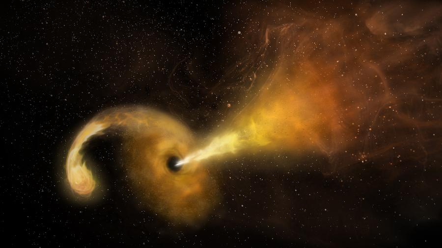 Concepção artística de um evento de ruptura das marés, que acontece quando uma estrela passa fatalmente perto para um buraco negro supermassivo, que reage com o lançamento de um jato de radiação - Sophia Dagnello/NRAO/AUI/NSF