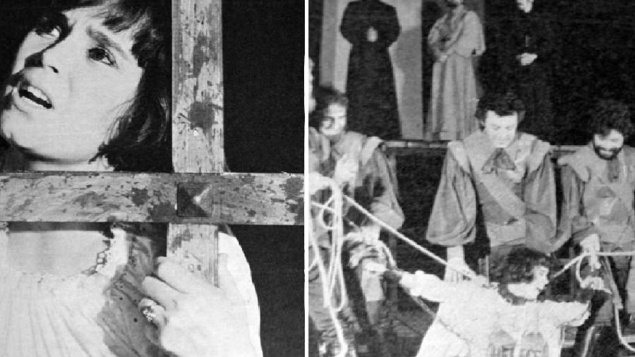 Regina Duarte em duas cenas da peça "O Santo Inquérito", de Dias Gomes, na qual atuou em 1978. Era uma metáfora da ditadura no Brasil. Quarenta e dois anos depois, ela recorre a um plágio daquele texto para servir a um governo autoritário - Reprodução