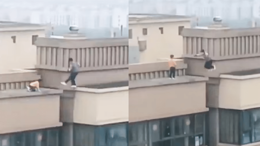 Garoto foi flagrado por vizinho saltando entre o vão de dois edifícios de 27 andares na China - Reprodução
