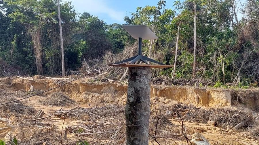 Antena da Starlink instalada em meio a garimpo no Rio Mucajaí, na Terra Indígena Yanomami - Colaboração / Agentes do Ibama