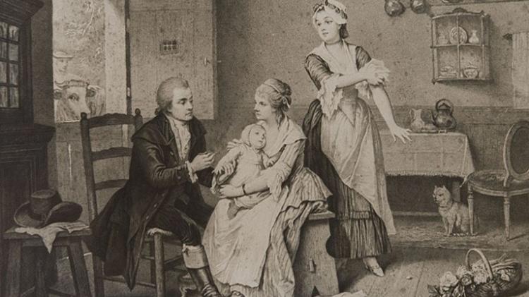 Ilustração de criança sendo vacinada no século 19
