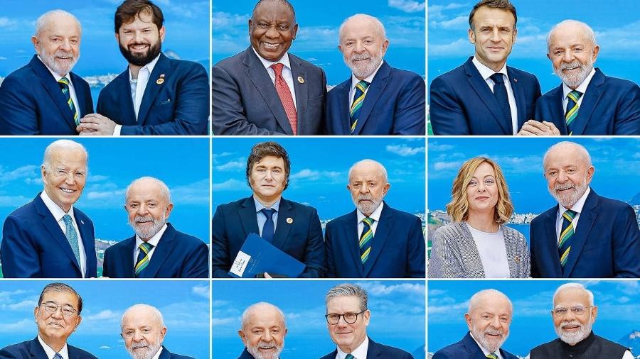 No sentido horário, Lula com líderes de Chile, África do Sul, França, Itália, Índia, Reino Unido, Japão e EUA; ao centro, posa sério com o presidente da Argentina 