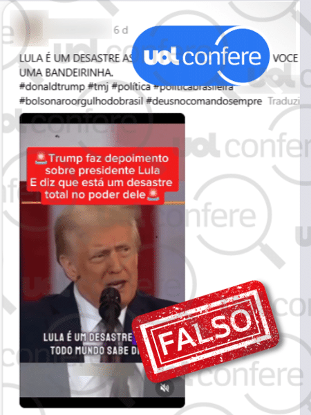 21.mai.2025 - Post usa IA para alterar discurso de Trump com críticas a Lula 21.mai.2025 - Post usa IA para alterar discurso de Trump com críticas a Lula