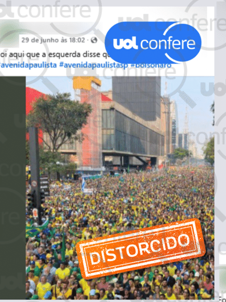 1º.jul.2025 - Foto em posts enganosos é de ato na Paulista em 2024 1º.jul.2025 - Foto em posts enganosos é de ato na Paulista em 2024