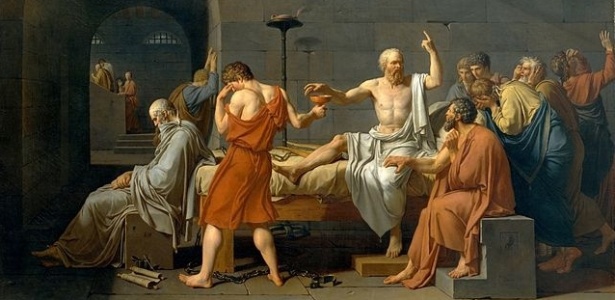O quadro do pintor francês Jacques Louis David retrata os últimos momentos de Sócrates, tranquilo, pronto a beber a cicuta (um veneno), consolando os amigos que choravam por ele - Reprodução