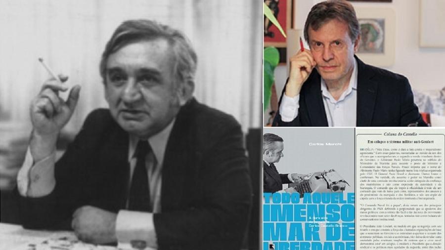 O jornalista Carlos Castello Branco (esq.), que faria 100 anos nesta quinta. Carlos Marchi (à dir.), autor de uma estupenda biografia de "Castellinho" (ver capa), escreve um artigo exclusivo para o blog. E imagem de trecho da coluna que constatava o já inevitável golpe contra Jango - Reprodução