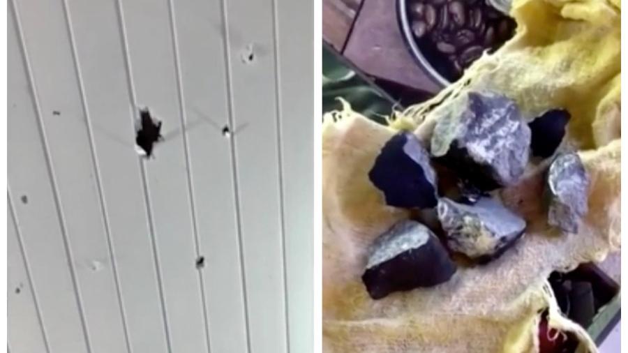 Os fragmentos de rocha espacial furaram o telhado, o forro e até o piso de cerâmica da casa de um morador de Portelândia (GO) - Reprodução/Redes Sociais