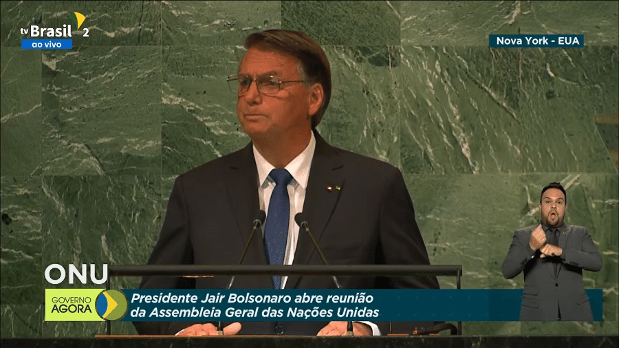 O presidente Jair Bolsonaro durante discurso na Assembleia Geral da ONU - Reprodução/TV Brasil