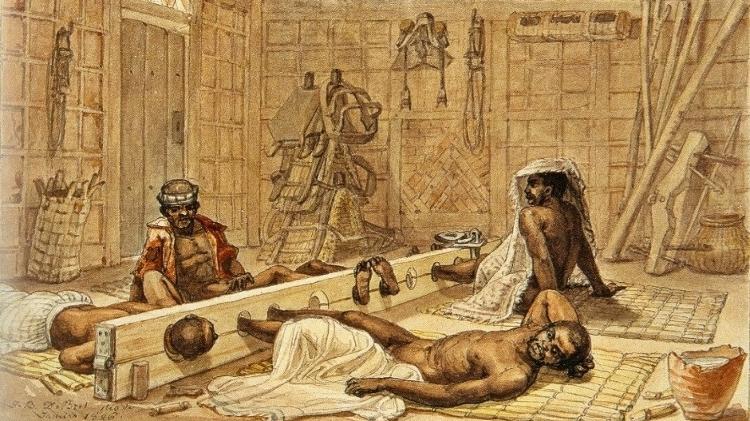 Pintura de Jean Baptiste Debret que retrata escravizados sendo castigados e mantidos presos no chamado Tronco de Pau d`Arco