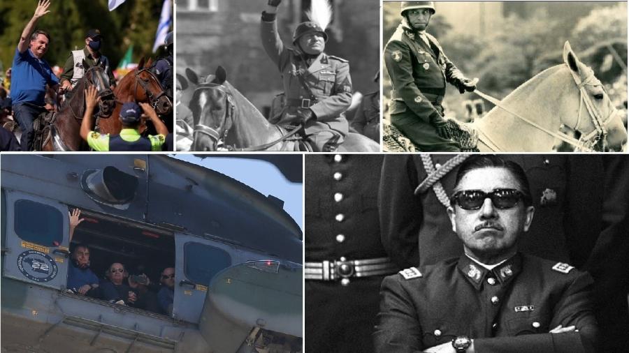 Bolsonaro em Brasília, em 2020; Mussolini em Roma, em 1937, e Newton Cruz em Brasília em 1984. O autoritarismo gosta de cavalos, o que não é culpa do bicho. General e óculos escuros, em certas circunstâncias, fazem má história: como Pinochet (foto). Que Azevedo e Silva, no helicóptero, pense na herança, como naquela música de Lupicínio Rodrigues - Marlene Bergamo/Folhapress; Reprodução; Carlos Namba/Editora Abril; Pedro Ladeira/Folhapress e Reprodução