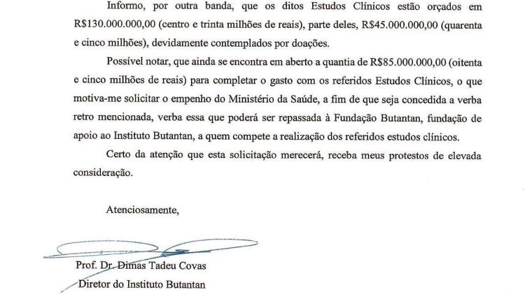 Trecho de ofício de agosto/2020 pelo qual o Butantan pediu R$ 85 milhões para o então ministro da Saúde, Eduardo Pazuello, para custeio de testes clínicos da vacina Coronavac - Reprodução - Reprodução