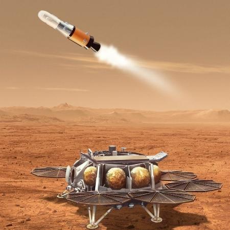 Illustration of samples leaving Mars bound for Earth on a rocket launched from Jezero Crater - NASA - NASA