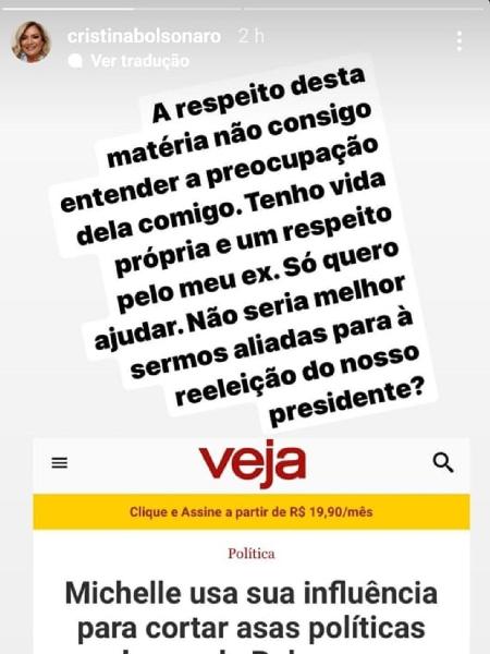Ana Cristina Siqueira Valle, ex-mulher do presidente Jair Bolsonaro (PL), publicou um stories no Instagram - Reprodução/Instagram/@cristinabolsonaro