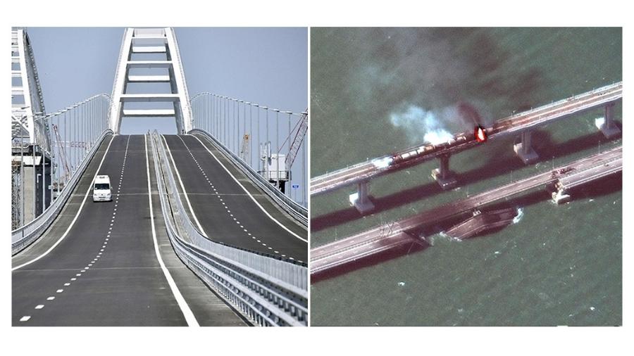 Fotos da ponte de Kerck, que liga a Rússia à Crimeia, antes da explosão neste sábado (08/outubro) -  Arte UOL/AFP