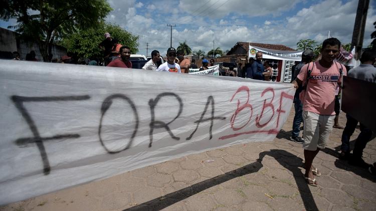Protesto contra a BBF no dia 7 de agosto em frente ao fórum de Tomé Açu (PA)