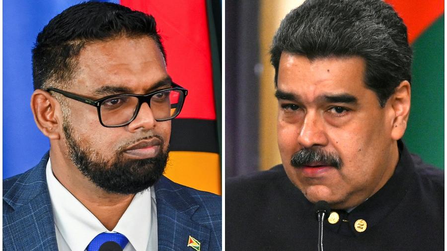Presidentes Irfaan Ali, da Guiana, e Nicolás Maduro, da Venezuela