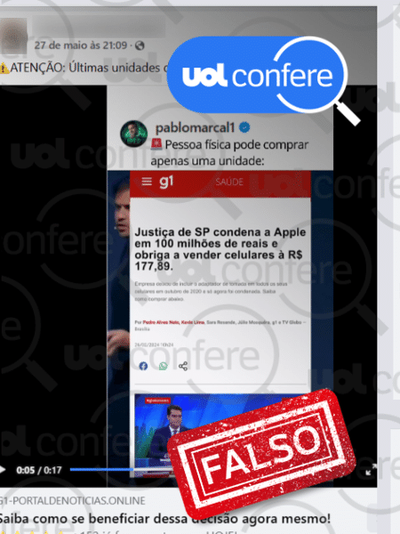 5.jun.2024 - Vídeo falsifica voz de Pablo Marçal e capturas de tela de g1 e iPlace para aplicar golpe de suposto iPhone a R$ 177