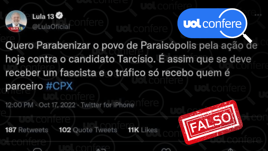 17.out.2022 - O tuíte atribuído a Lula é falso; o petista não fez nenhuma alegação do gênero nas redes - Arte/UOL sobre reprodução/Telegram