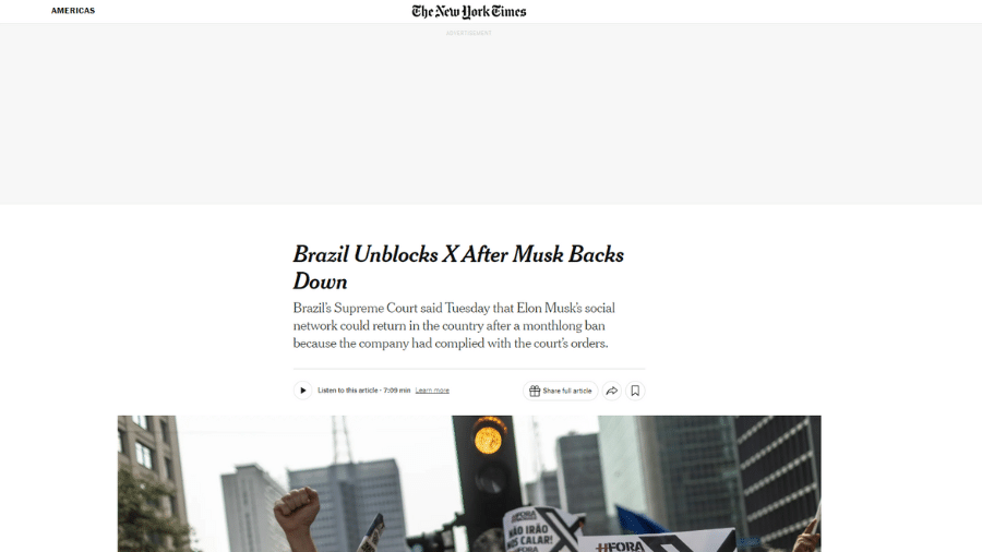 NYT sobre volta do X no Brasil