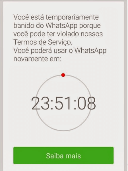 Tela mostra conta de WhatsApp banida no Brasil: aplicativo pode ser bloqueado temporariamente ou para sempre - Reprodução