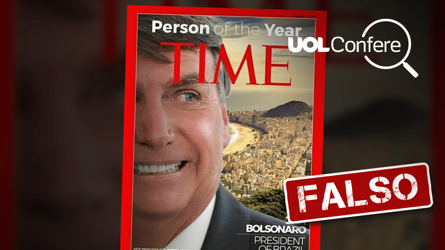 Imagem falsa da capa da revista Time com Jair Bolsonaro circula pela internet - Arte UOL sobre reprodução