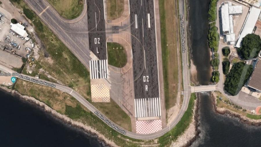 No aeroporto Santos Dumont, a pista principal tem 12 listras (45 m de largura) e a pista auxiliar, apenas oito (30 m) - Reprodução