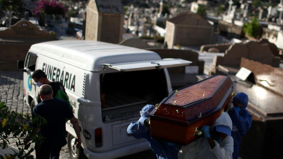 Coveiros vestindo roupas de proteção carregam o caixão de Andre Wendel, que morreu da doença de coronavírus (COVID-19), no cemitério São João Batista, no Rio de Janeiro - PILAR OLIVARES/REUTERS