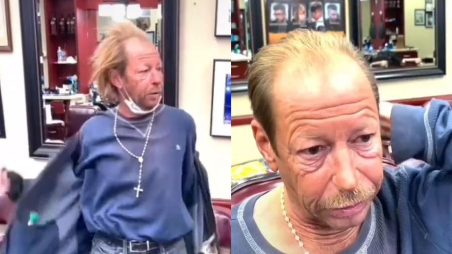 Morador de rua que recebeu repaginada no visual em uma barbearia em Scottsdale, no estado norte-americano do Arizona - Reprodução/@skinny_pinny