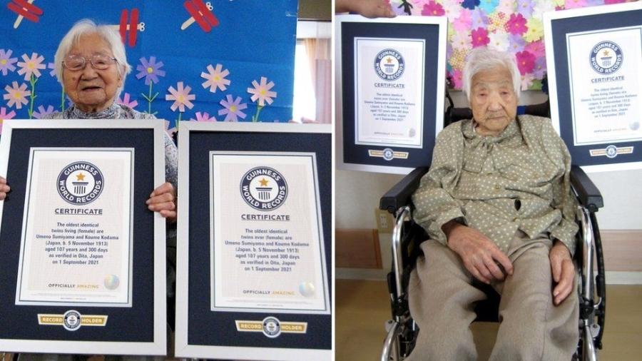 Umeno Sumiyama (à esq.) e Koume Kodama (à dir.) com certificados do recorde  - Reprodução / Guinness World Records 