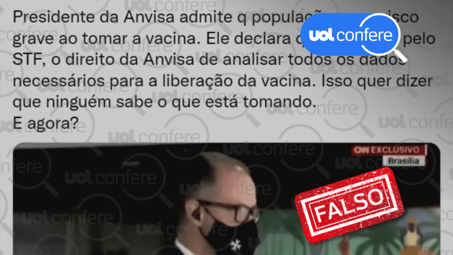20.jan.2021 - Post traz alegação falsa de que diretor-presidente da Anvisa considera a vacinação contra a covid-19 um "risco  grave" - Reprodução