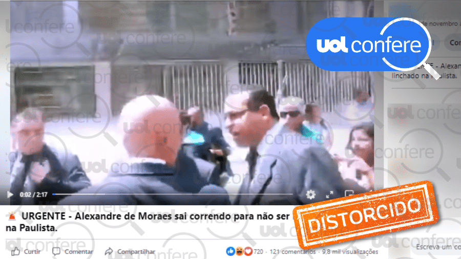 11.nov.2022 - Vídeo em que Alexandre de Moraes é hostilizado na Paulista é de 2016 - Arte/UOL sobre Reprodução/Facebook
