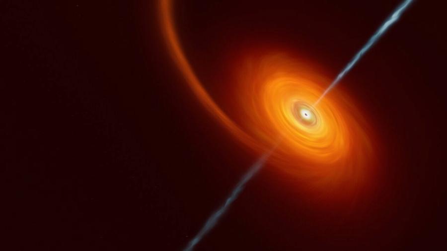 Imagem artística de evento de ruptura de maré, que ocorre quando uma estrela se aproxima demais de um buraco negro supermassivo - ESO/M.Kornmesser