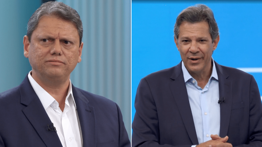 27.out.2022 - Tarcísio de Freitas (Republicanos) e Fernando Haddad (PT) participam do debate da TV Globo - Reprodução/TV Globo