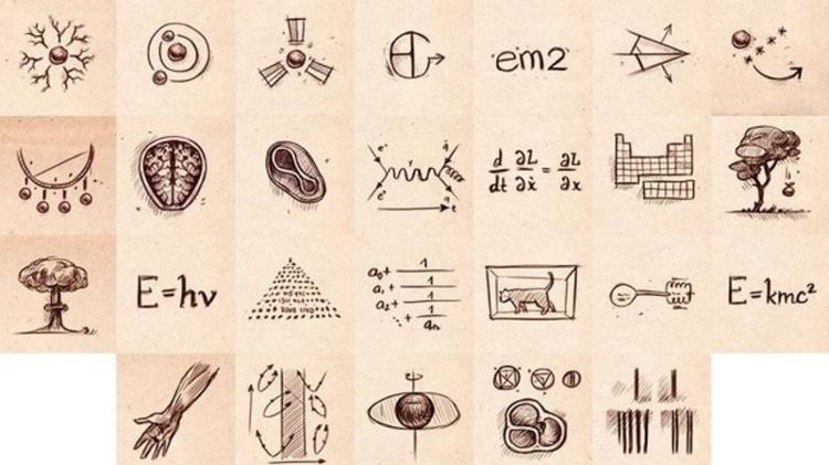 Les images forment l'alphabet avec les noms des scientifiques : Ampère, Bohr, Curie (de "ré" est encore un mystère), Einstein, Fermat, Galilée, Huygens, Ioffe, Joliot-Curie, Kendall, Lagrange... - Reproduction - Reproduction