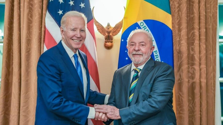 10.fev.2023 - Os presidentes dos EUA, Joe Biden, e do Brasil, Lula, durante encontro na Casa Branca, em Washington